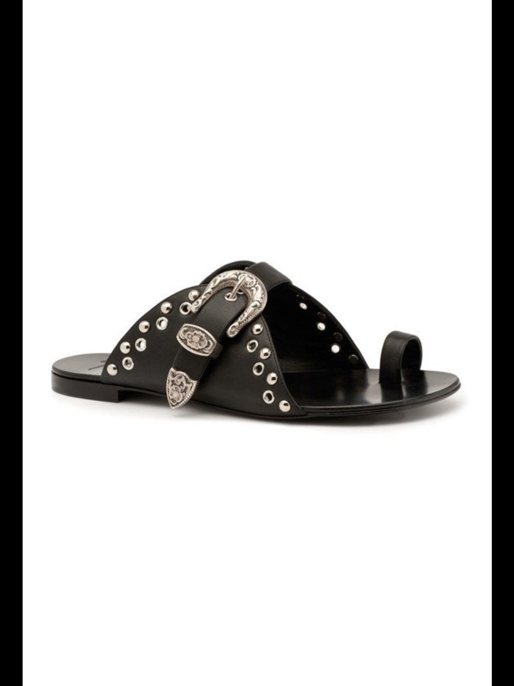 Giuseppe Zanotti Black Leather Studded Slide Sandal with Ornate Silver Buckle